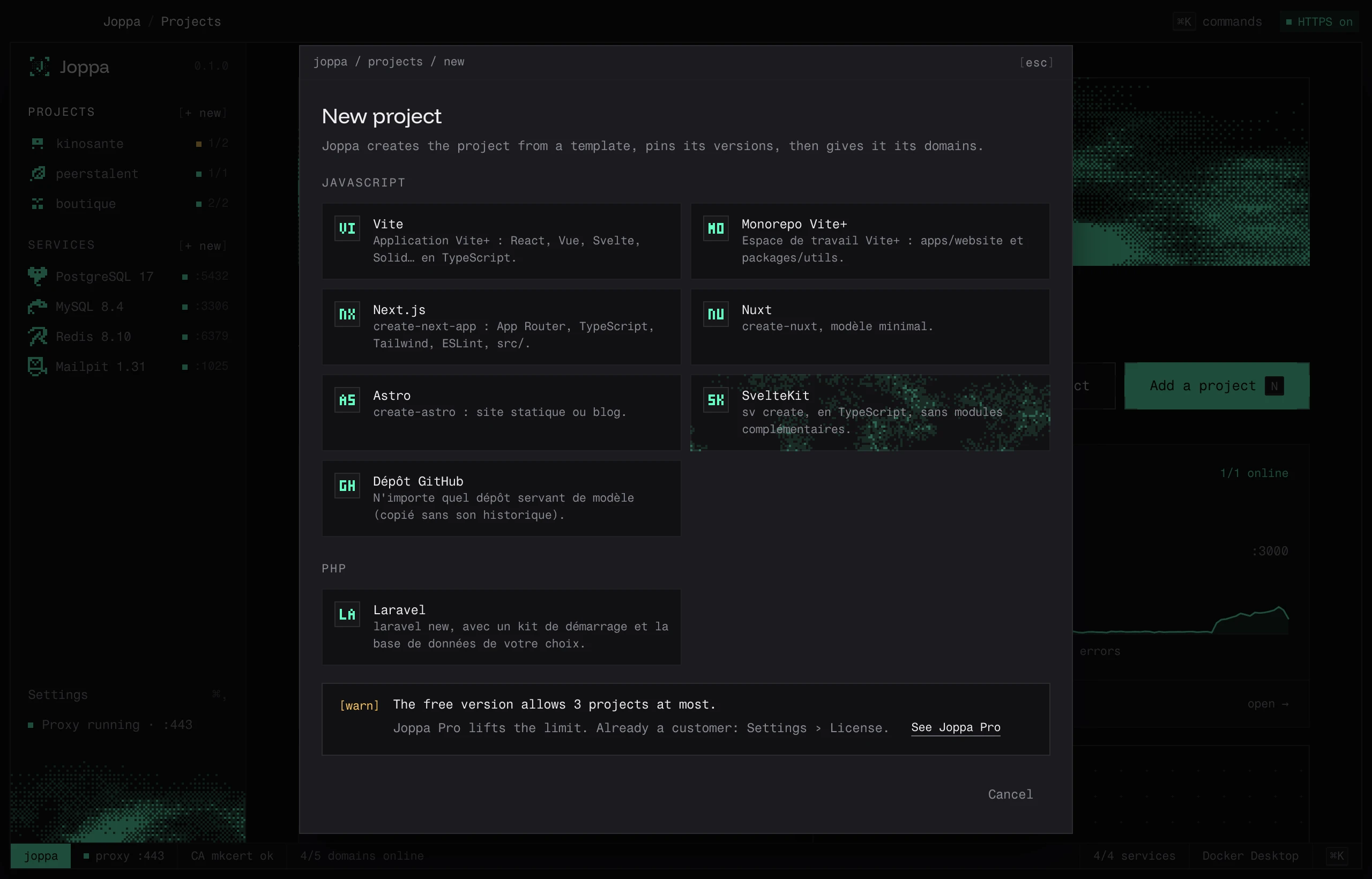 The New project window and its JavaScript and PHP templates
