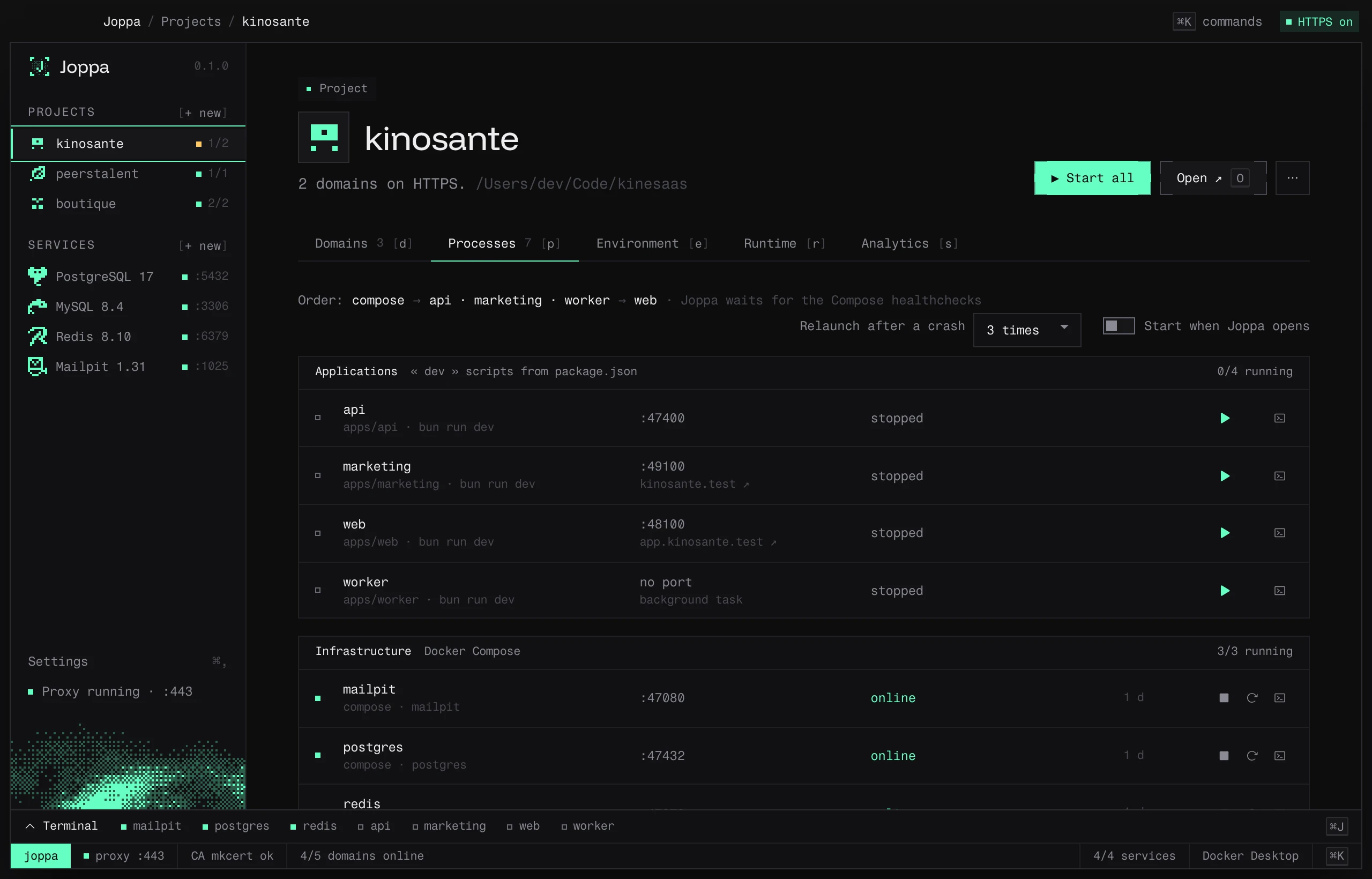 The Processes tab: applications and Docker Compose infrastructure, with their port and status