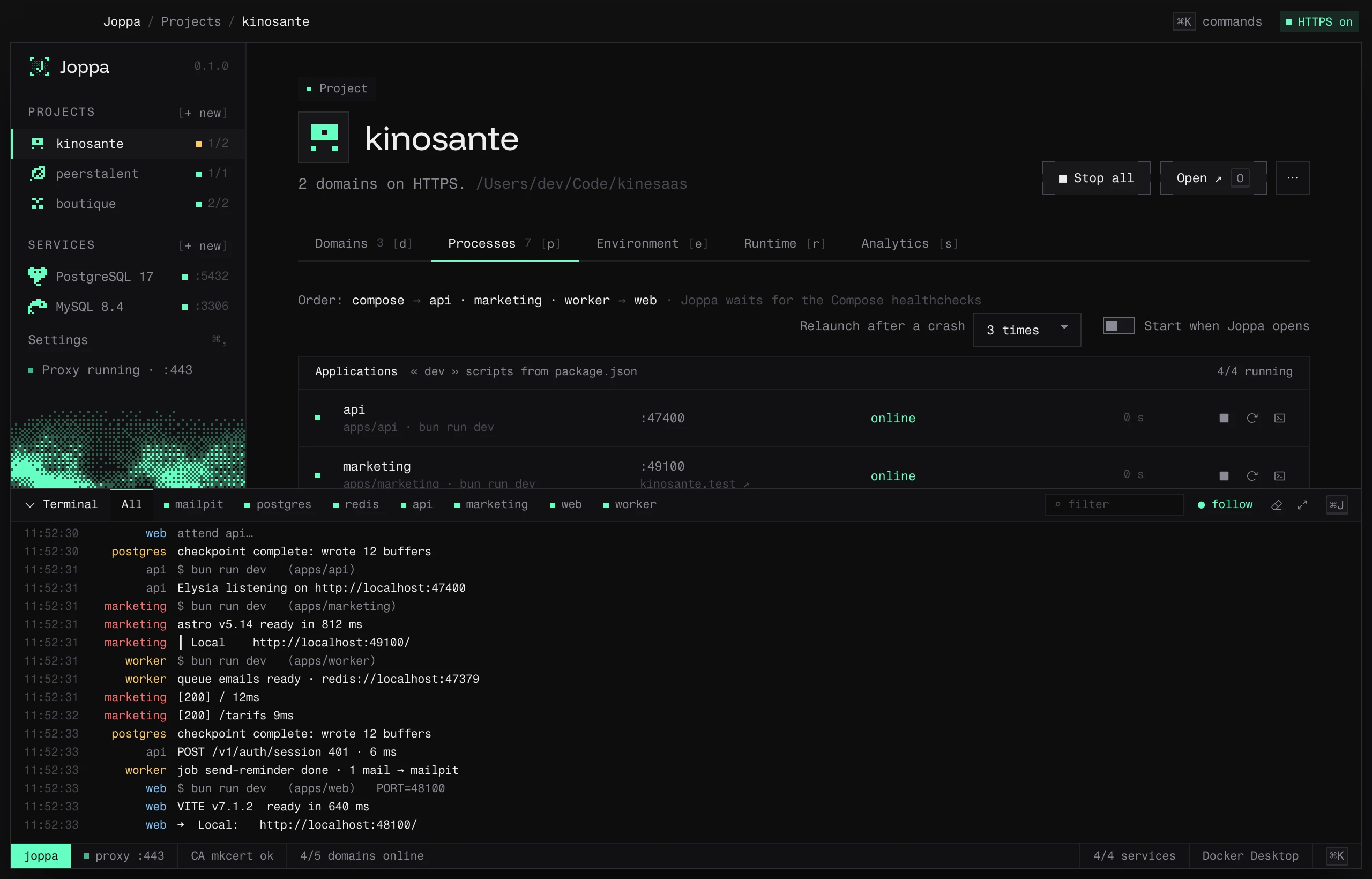 The built-in terminal open on all processes, each with its own color