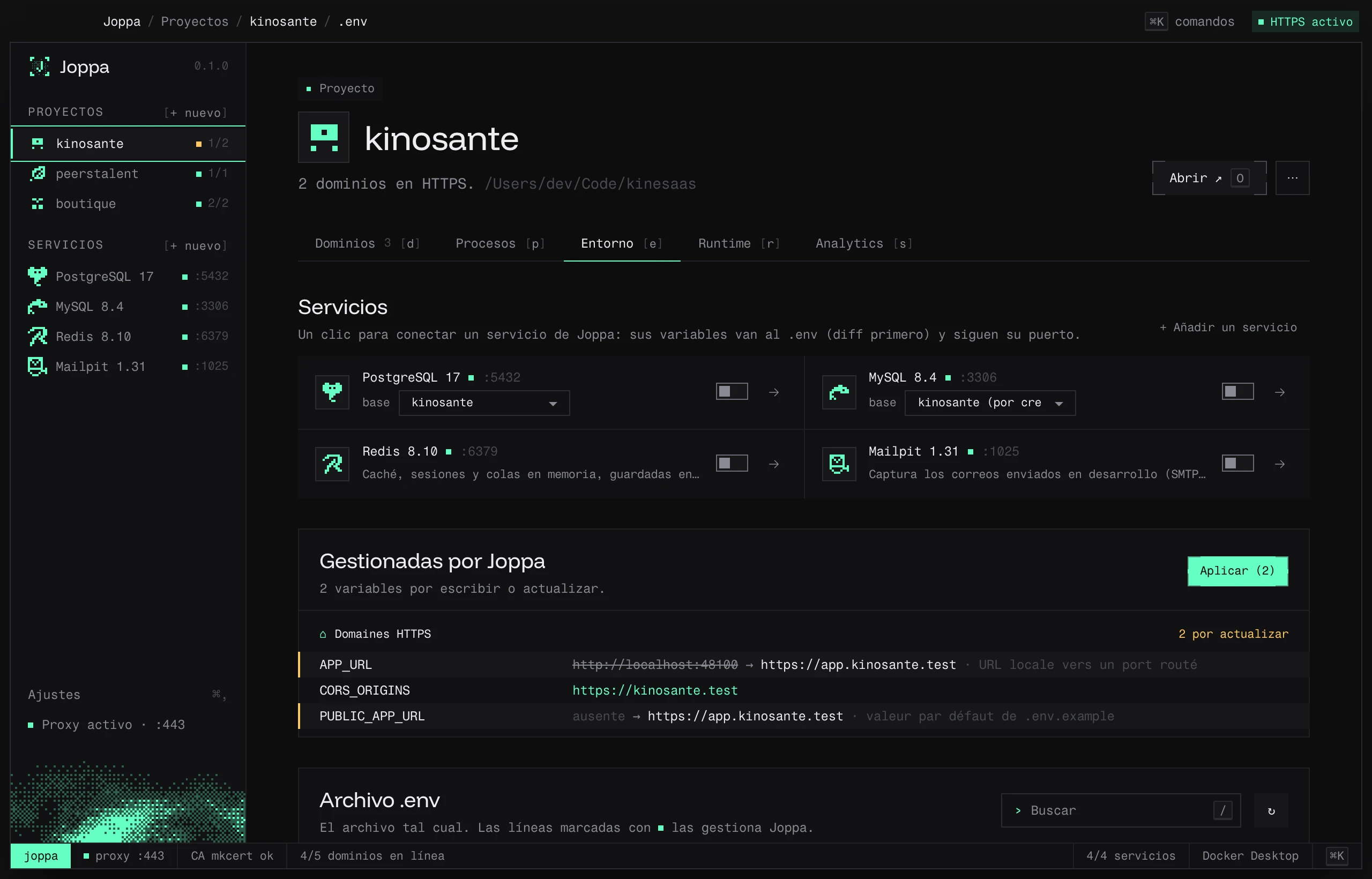 La pestaña Entorno: servicios conectados, variables gestionadas por Joppa y editor del .env