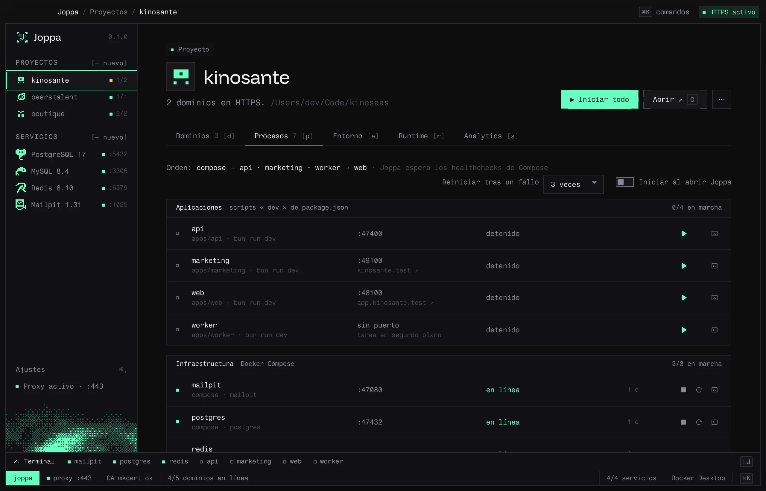La pestaña Procesos: las aplicaciones y la infraestructura Docker Compose, con su puerto y su estado