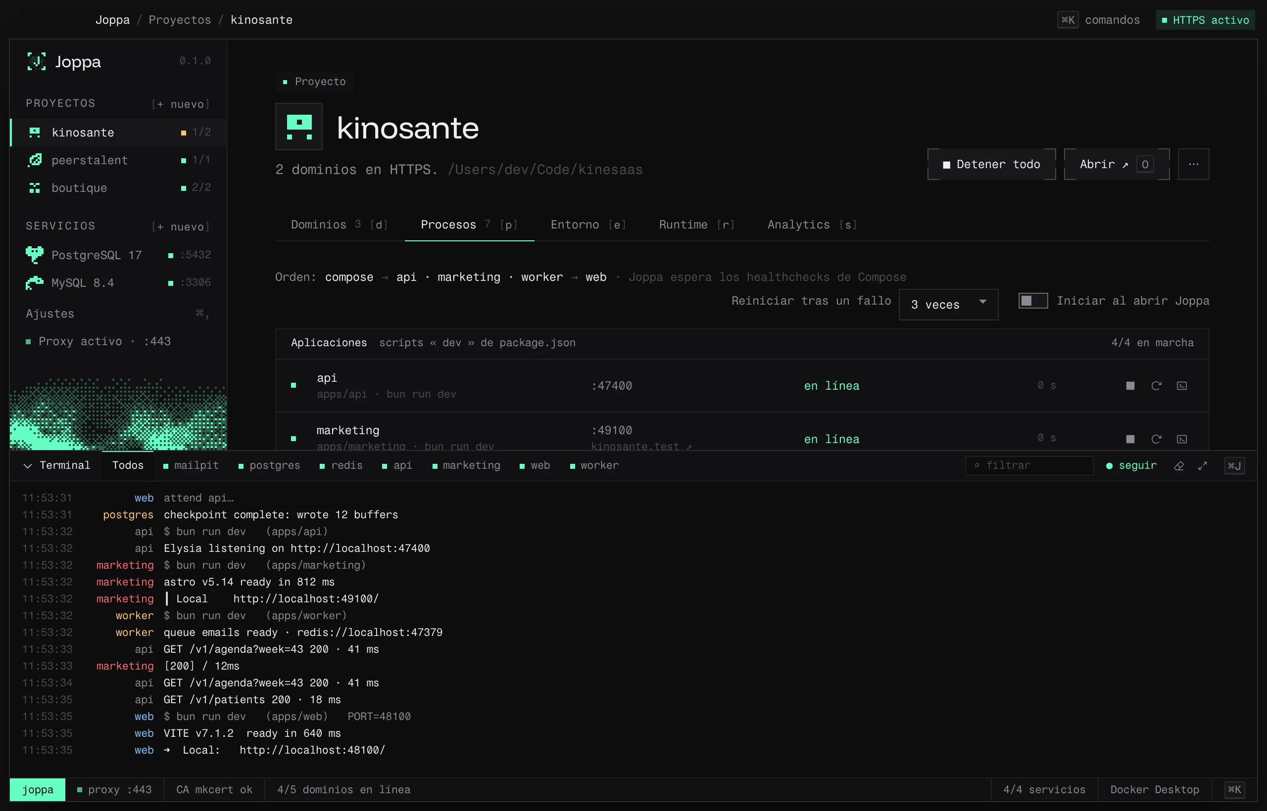 La terminal integrada abierta en todos los procesos, cada uno con su color